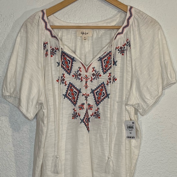 NWT Style&Co boho balloon sleeve embroidered lightweight peasant top Gypsy Cotto - Picture 2 of 7